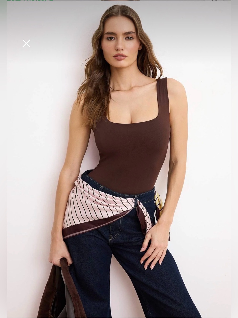 Trendyolmilla Dark Brown Fitted Square Neck Bodysuit Size Small